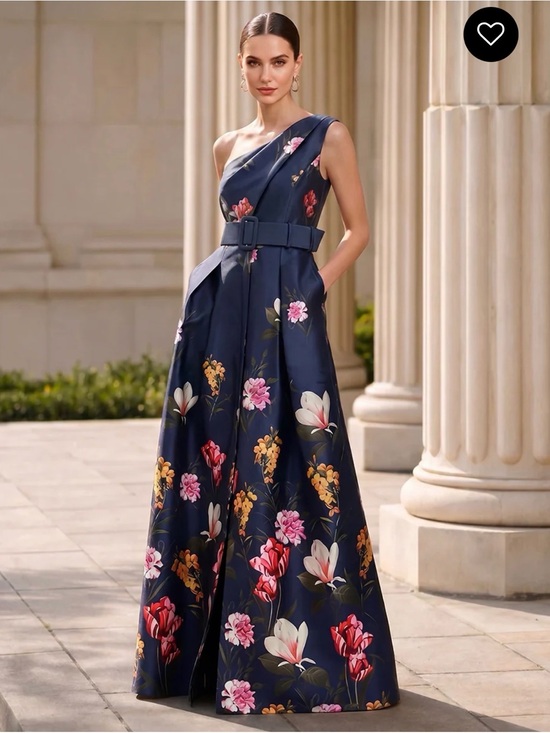 Dresses & Skirts - One-Shoulder Navy Floral Belted Evening Gown